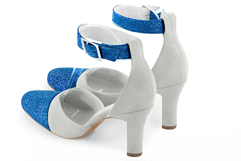 Electric blue and pearl grey women's open side shoes, with a strap around the ankle. Round toe. High kitten heels. Rear view - Florence KOOIJMAN